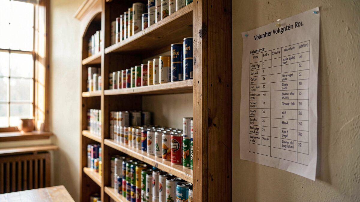 A wooden pantry shelf in a church hall, cans lined up in rows, a paper rota pinned to the wall beside it, late afternoon light through a side window.