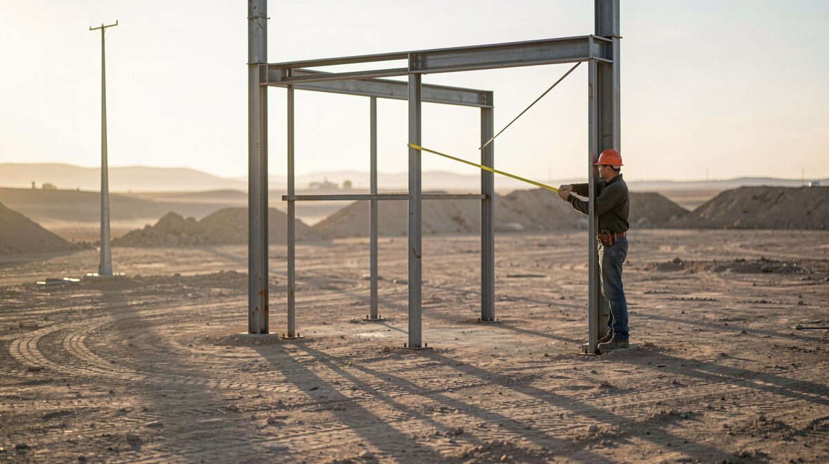 A steel frame rising at a desert building site in early morning, an erector with a long tape measure between two columns, low sun casting long shadows across bare ground.